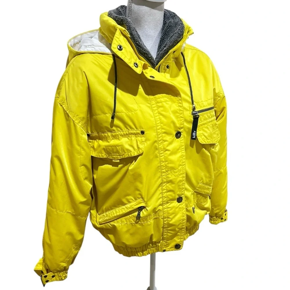 Vintage 1990’s Killy yellow oversized Ski Jacket removable collar zippered sz 6 - Picture 4 of 16
